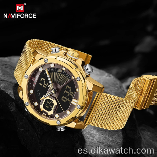 NAVIFORCE 9172 relojes deportivos impermeables para hombres, relojes de pulsera digitales militares con correa de acero de cuarzo dorado, reloj Masculino